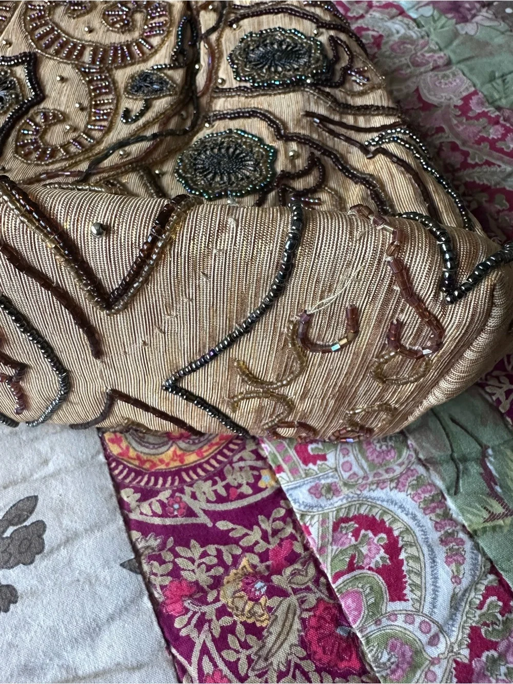 Vintage Embellished Bamboo-Handle Shoulder Bag in Beige
